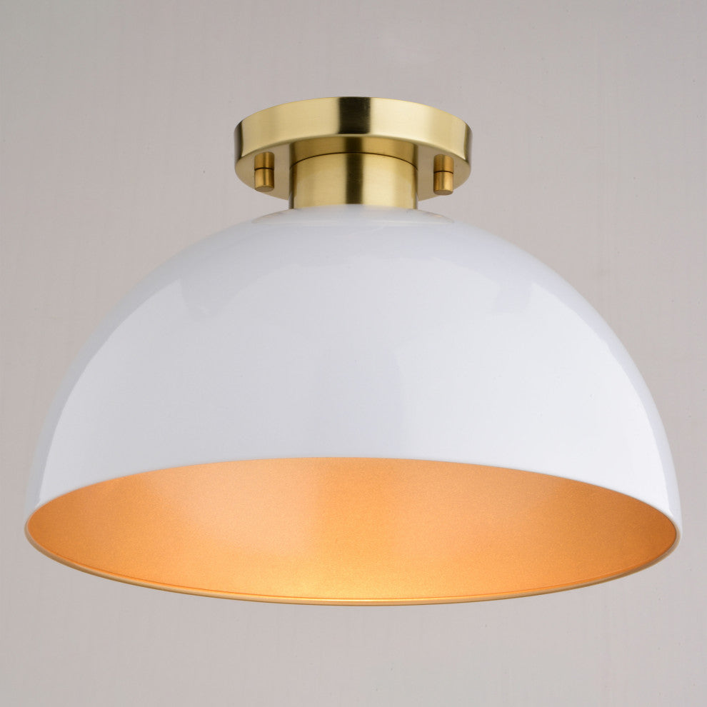 Devon Mid-Century Modern Semi Flush Mount Ceiling Light, Glossy White and Satin Brass