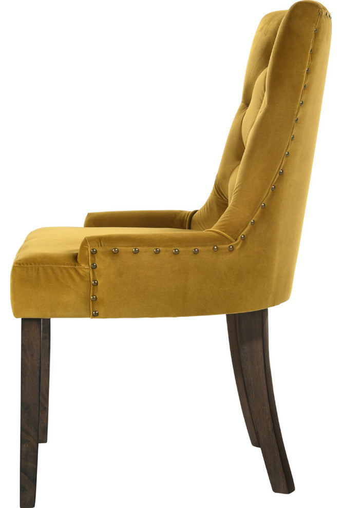 Set of 2 Yellow Velvet Side Chair, Espresso Finish