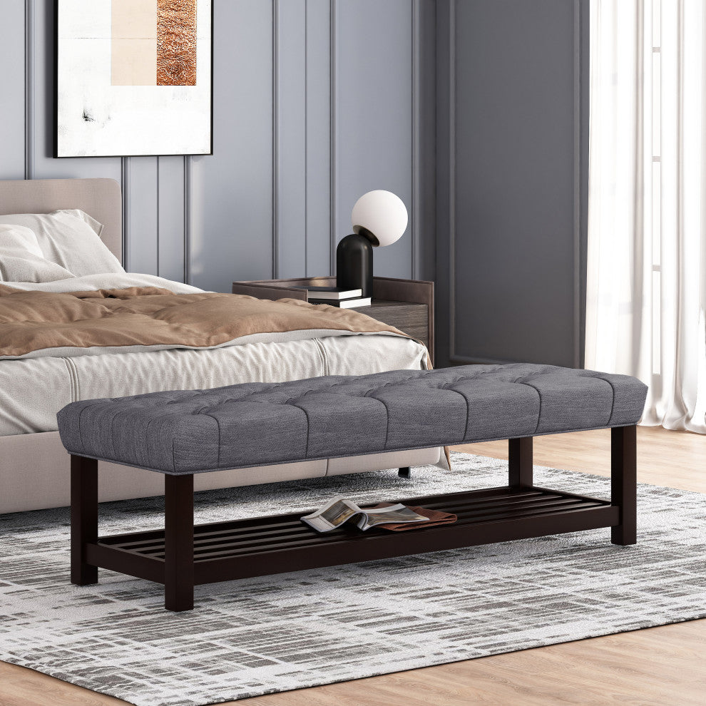 Pelon Contemporary Button Tufted Bench With Shelf, Gray/Dark Walnut