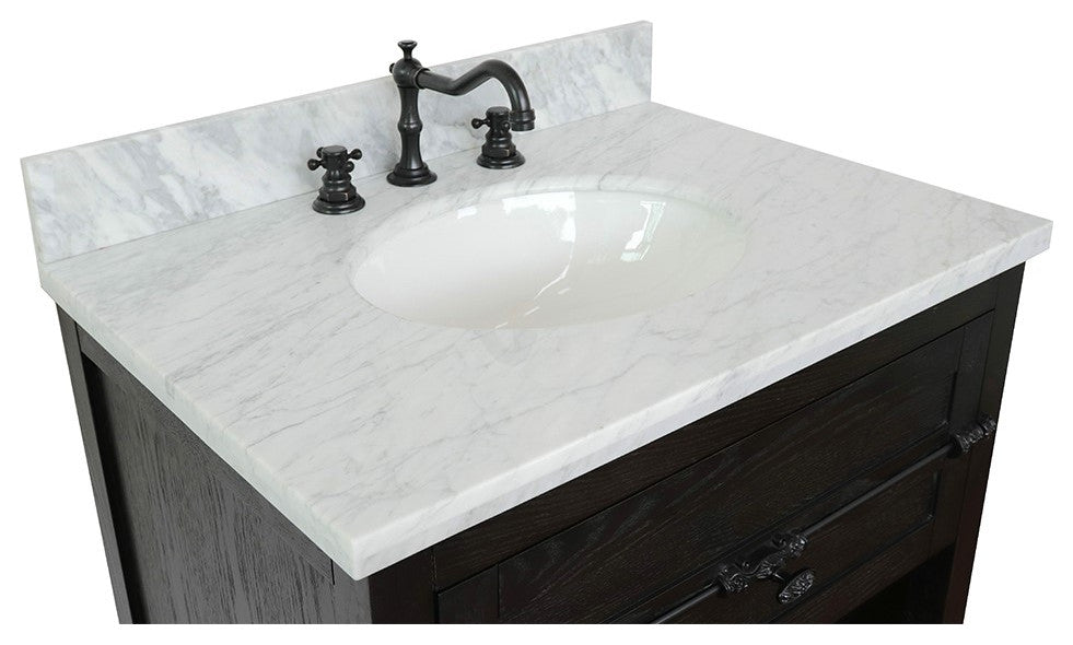 30" Single Vanity, Brown Ash, White Carrara Top, Oval Sink