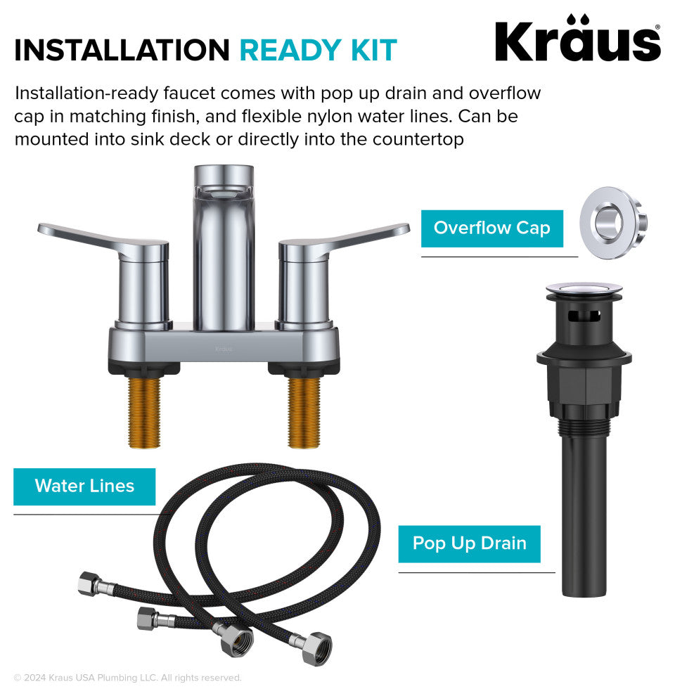 KRAUS Indy 2-Handle 3-Hole Centerset Bathroom Faucet Chrome, Pop Up Drain