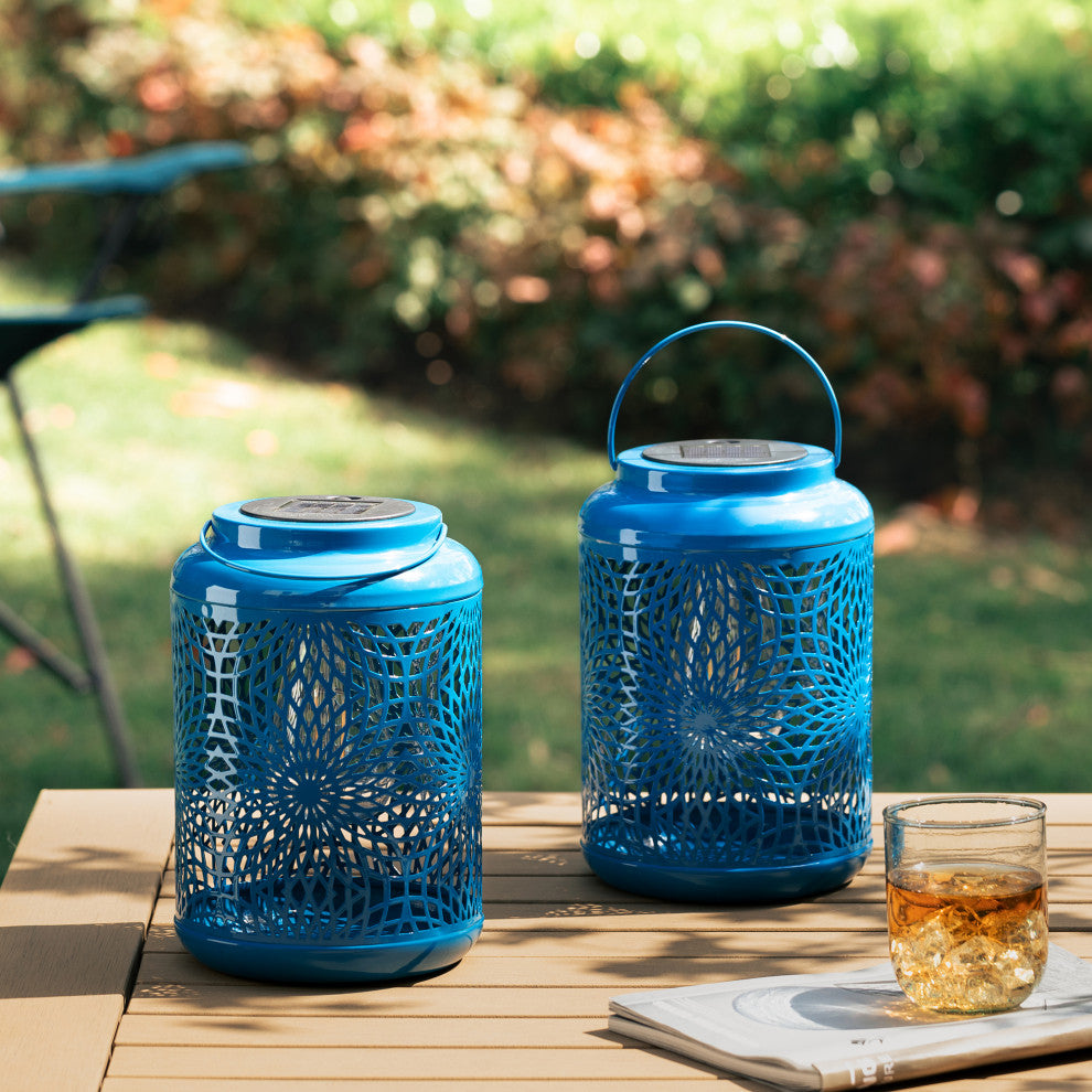 Metal Cutout Solar Powered Hanging Lantern, 2-Piece Set