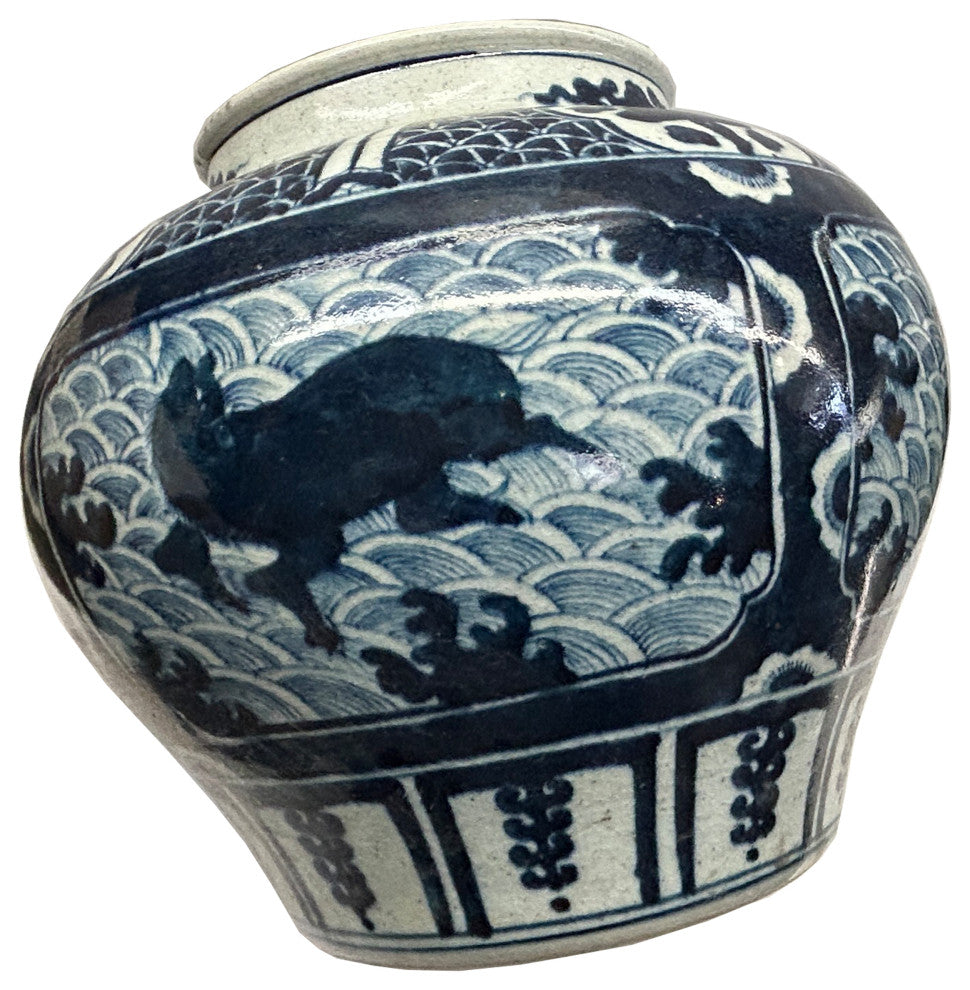 Vintage Blue White Mythical Graphic Fat Body Porcelain Vase Jar