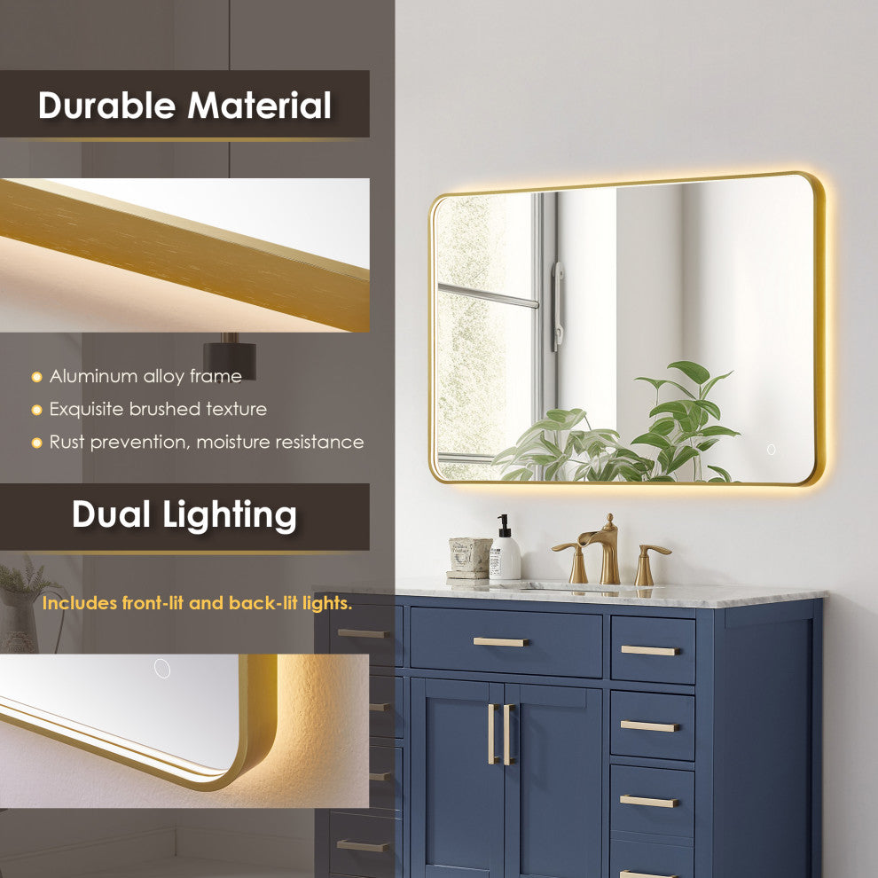 Dazzle Rectangular Bathroom/Vanity LED Lighted Wall Mirror, Brushed Gold, 48"