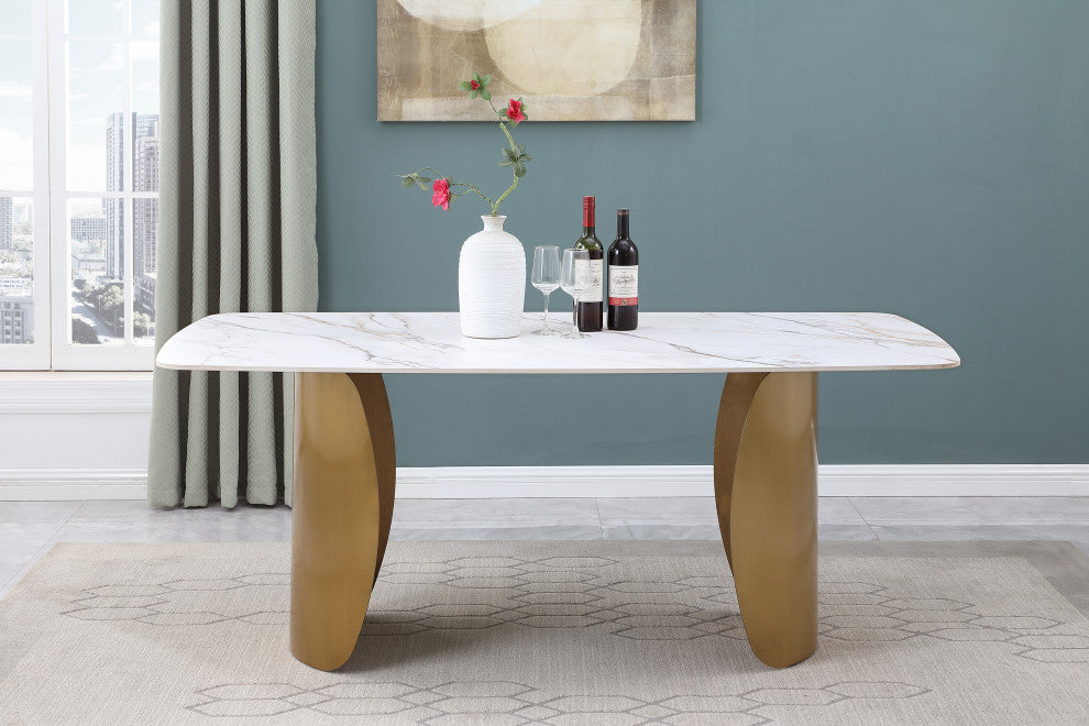 Niya Dining Table, White, Brushed Gold Base
