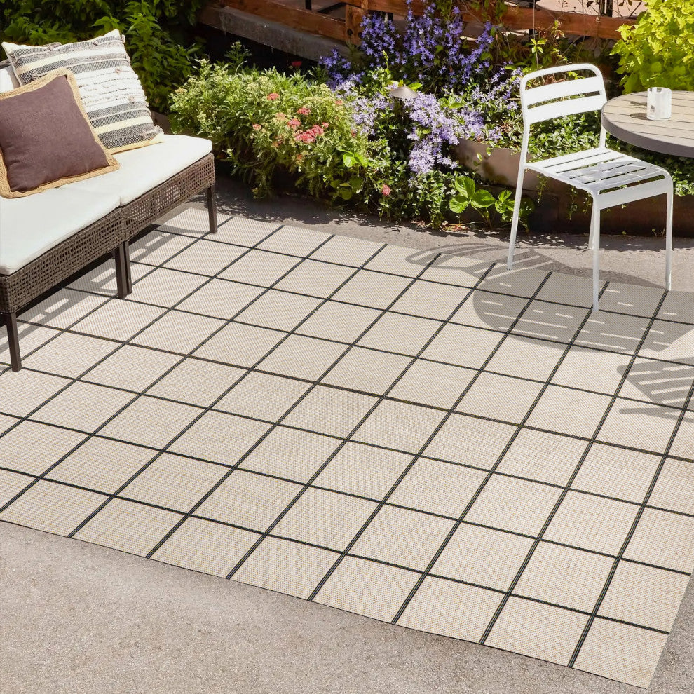 Grid Modern Squares Indoor/Outdoor Area Rug, Cream/Black, 8x10