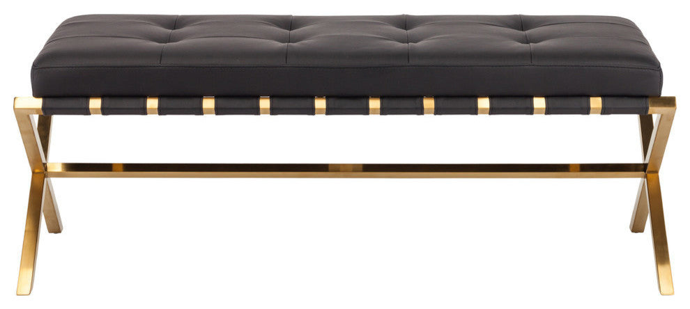 Auguste Bench in Brushed Gold Stainless Steel Frame, Black, Large