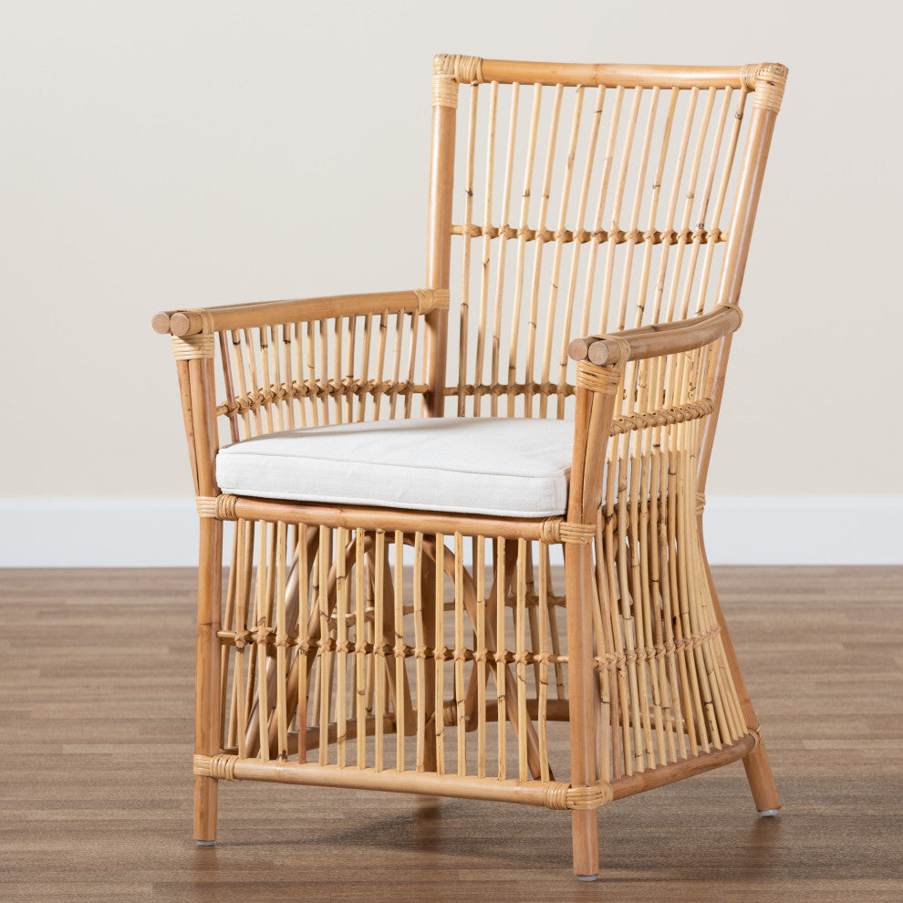 Rose Modern Bohemian White Fabric Upholstered and Natural Brown Rattan Armchair