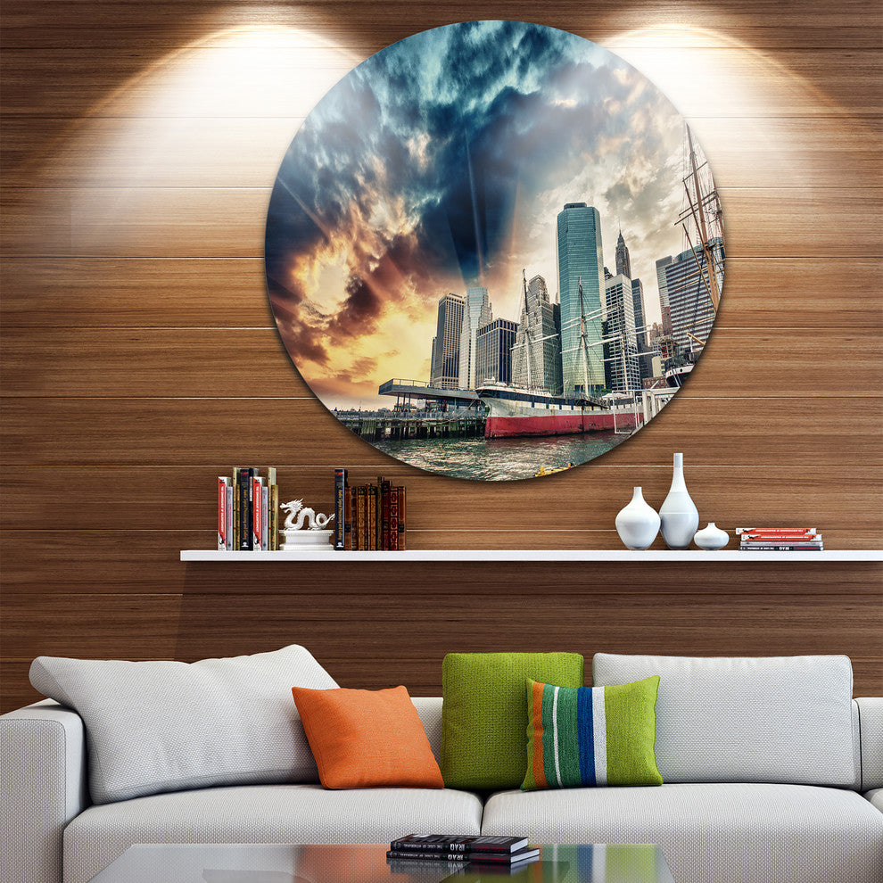 Sunset Colors Of Manhattan, Cityscape Photo Round Metal Wall Art, 23"