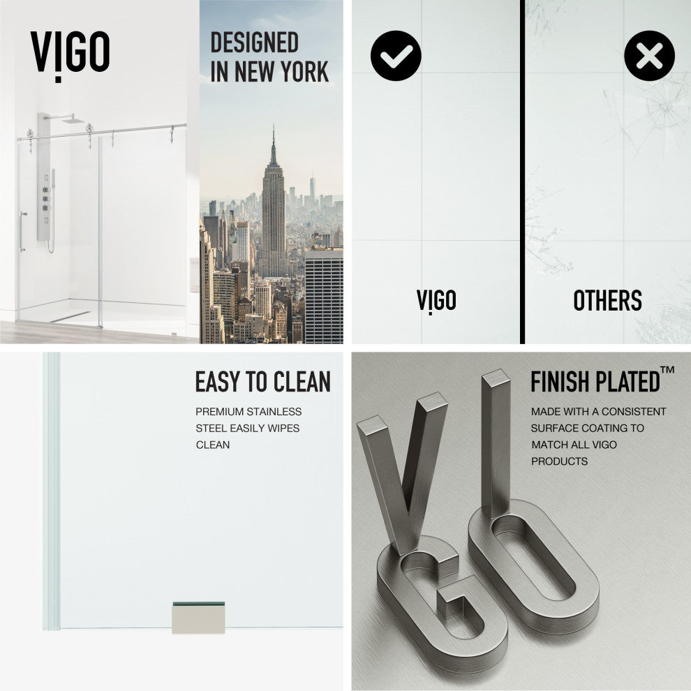 VIGO Hamilton Frameless Sliding, Stainless Steel, Shower Door, 56" to 60" W X 78" H, Clear Glass