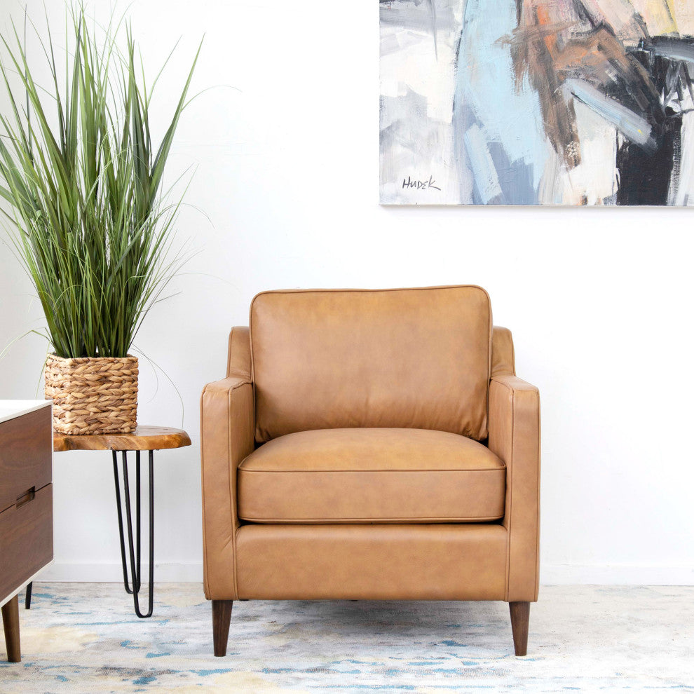 Manhattan Mid-Century Modern Cushion Back Genuine Leather Armchair, Tan