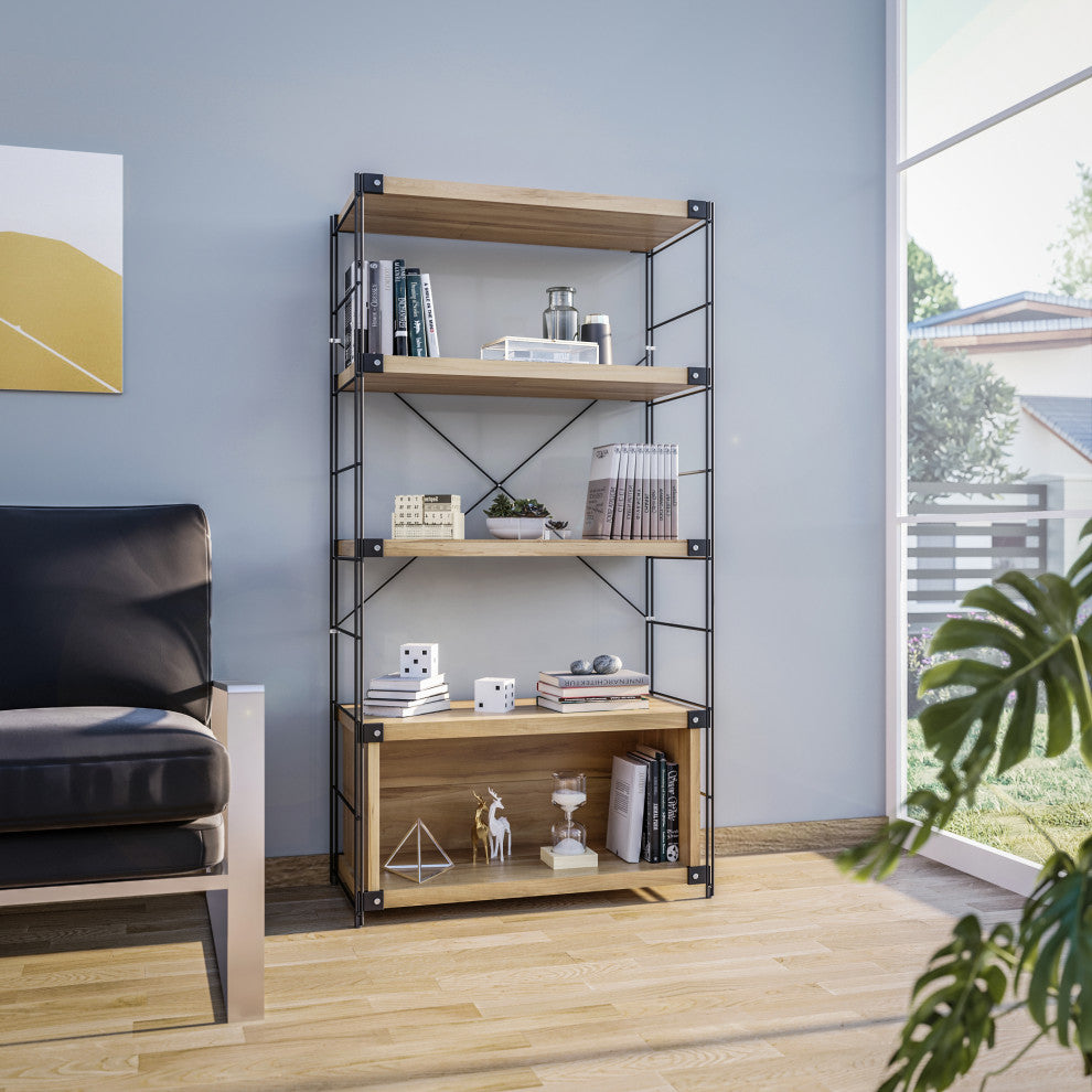 LeisureMod Brentwood Bookcase with Black Steel Frame, Natural Wood