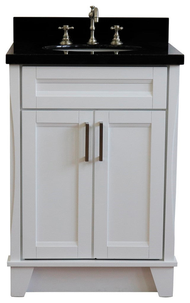 25" Single Sink Vanity, White Finish With Black Galaxy Granite And Oval Sink