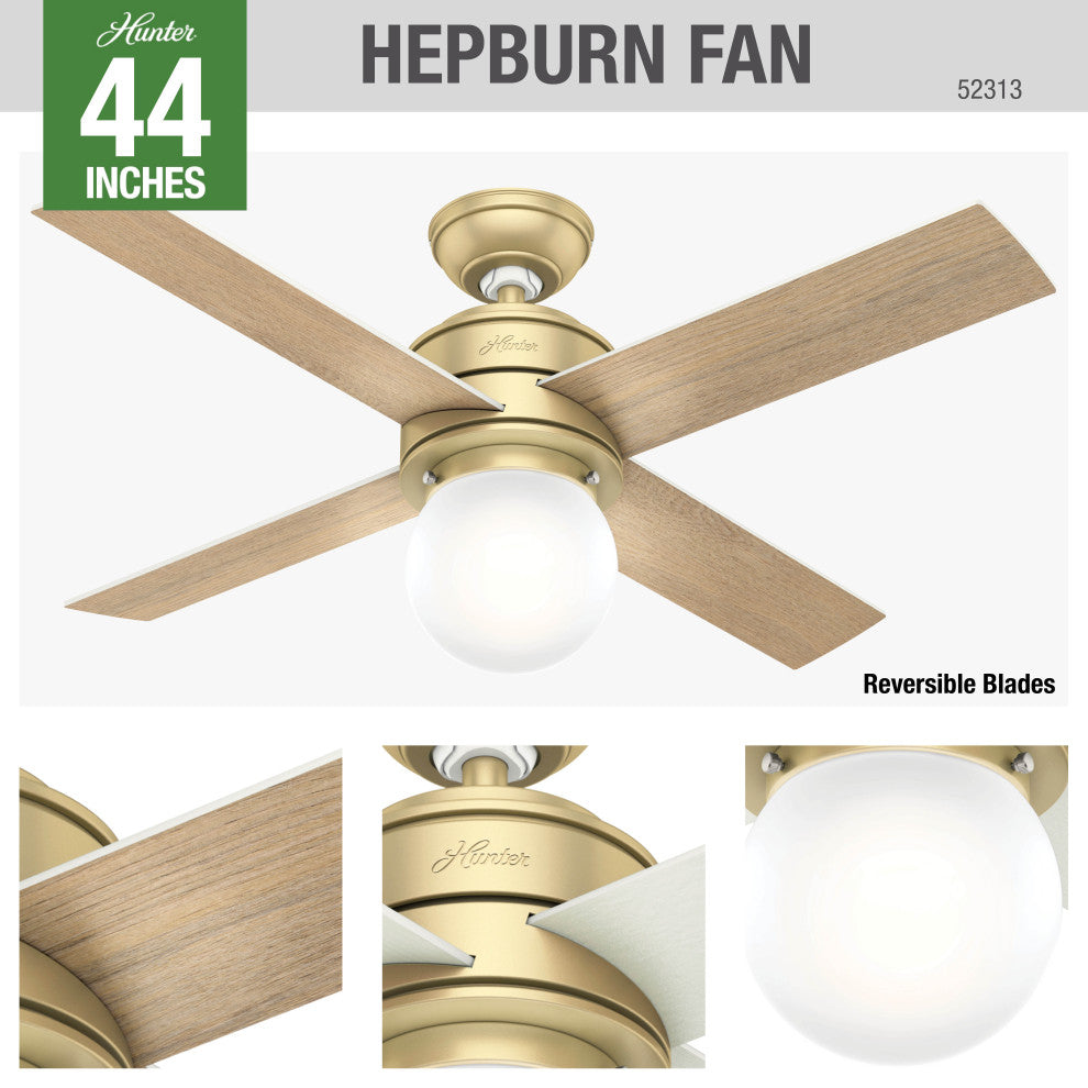 Hunter 44" Hepburn Modern Brass Ceiling Fan With Light Kit and Wall Control
