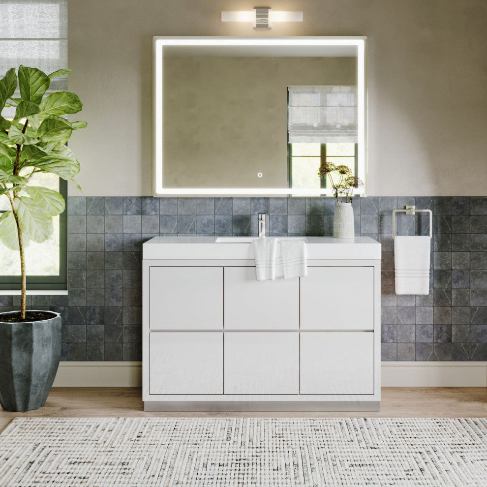 Boutique Bath Vanity, High Gloss White, 48", Single Sink, Freestanding