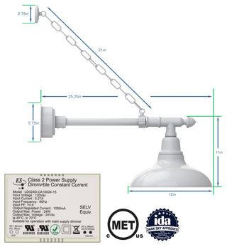 Gooseneck Barn Light With Vintage Arm With Chain, White, 12"