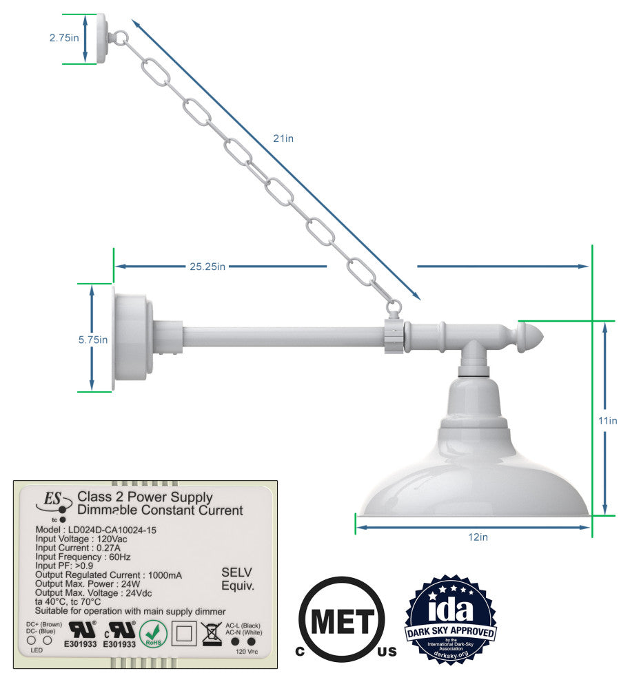 Gooseneck Barn Light With Vintage Arm With Chain, White, 12"