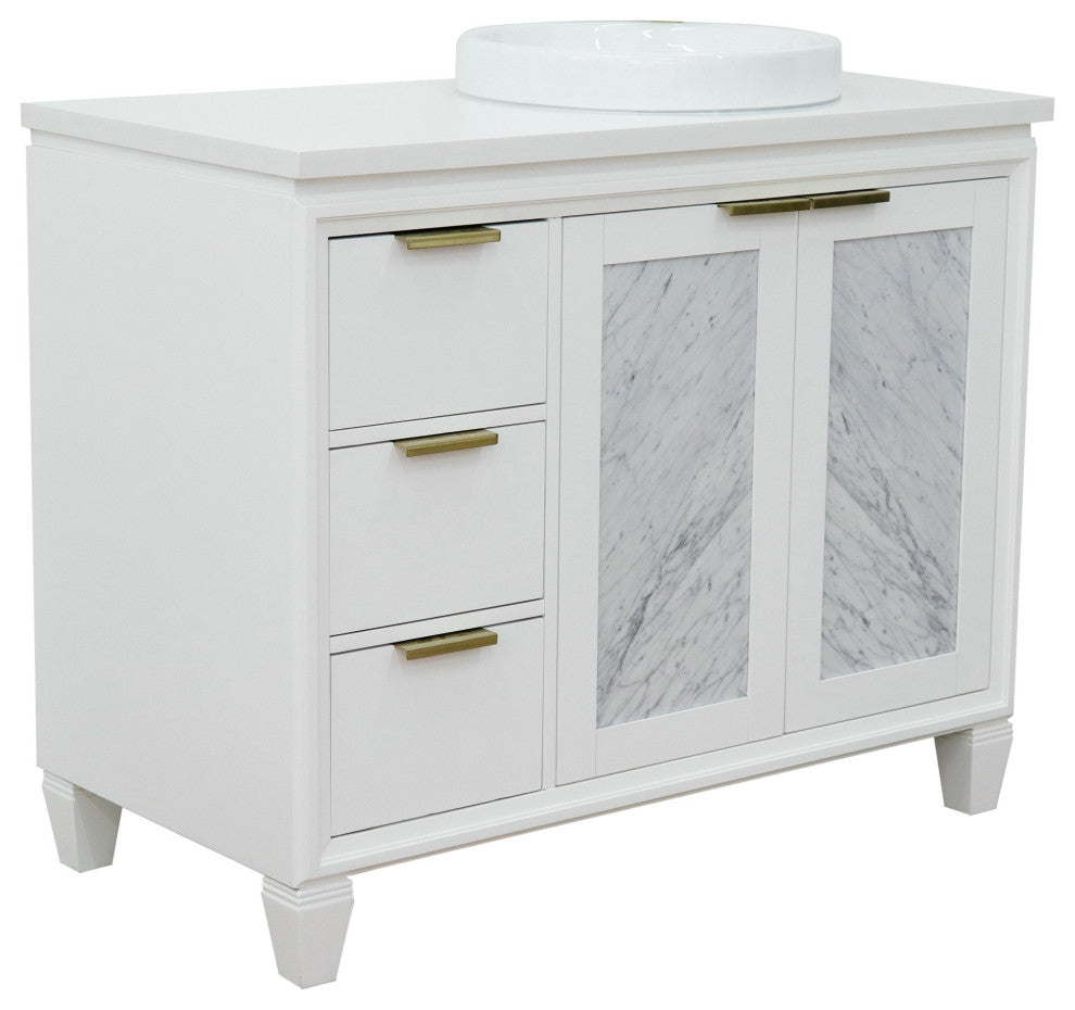 43" Single Vanity, White Finish With White Engineered Stone Top