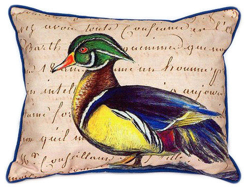 Pair of Betsy Drake Male Wood Duck Script Large Indoor/Outdoor Pillows 16 X 20