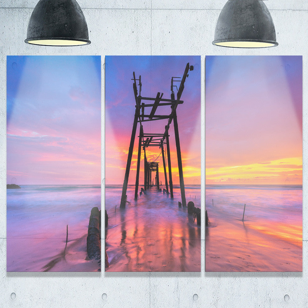 "Discarded Wooden Bridge at Sunset" Sea Pier Metal Wall Art, 3 Panels, 36"x28"