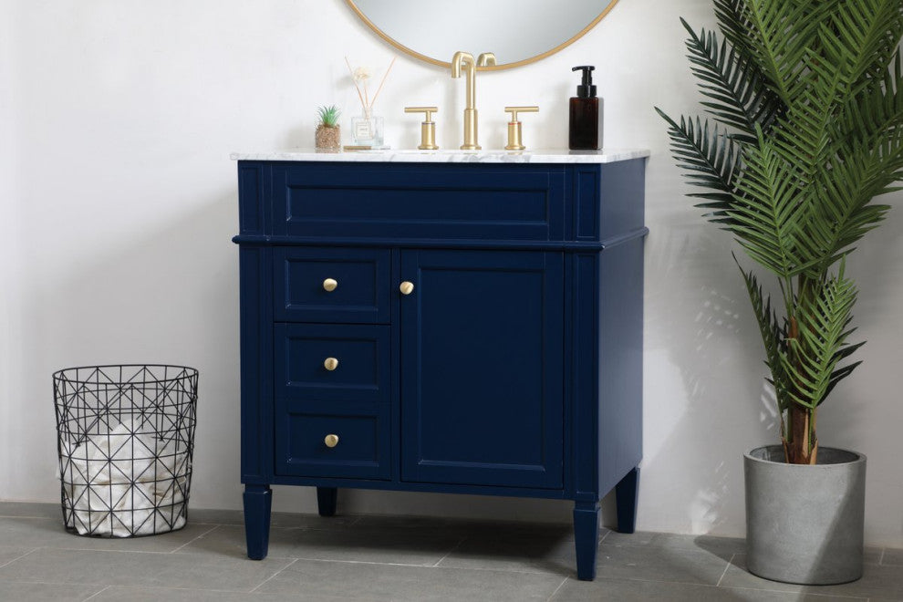 Home Living Vanity with Carrara White Marble Countertop, Blue, 32", Single Sink