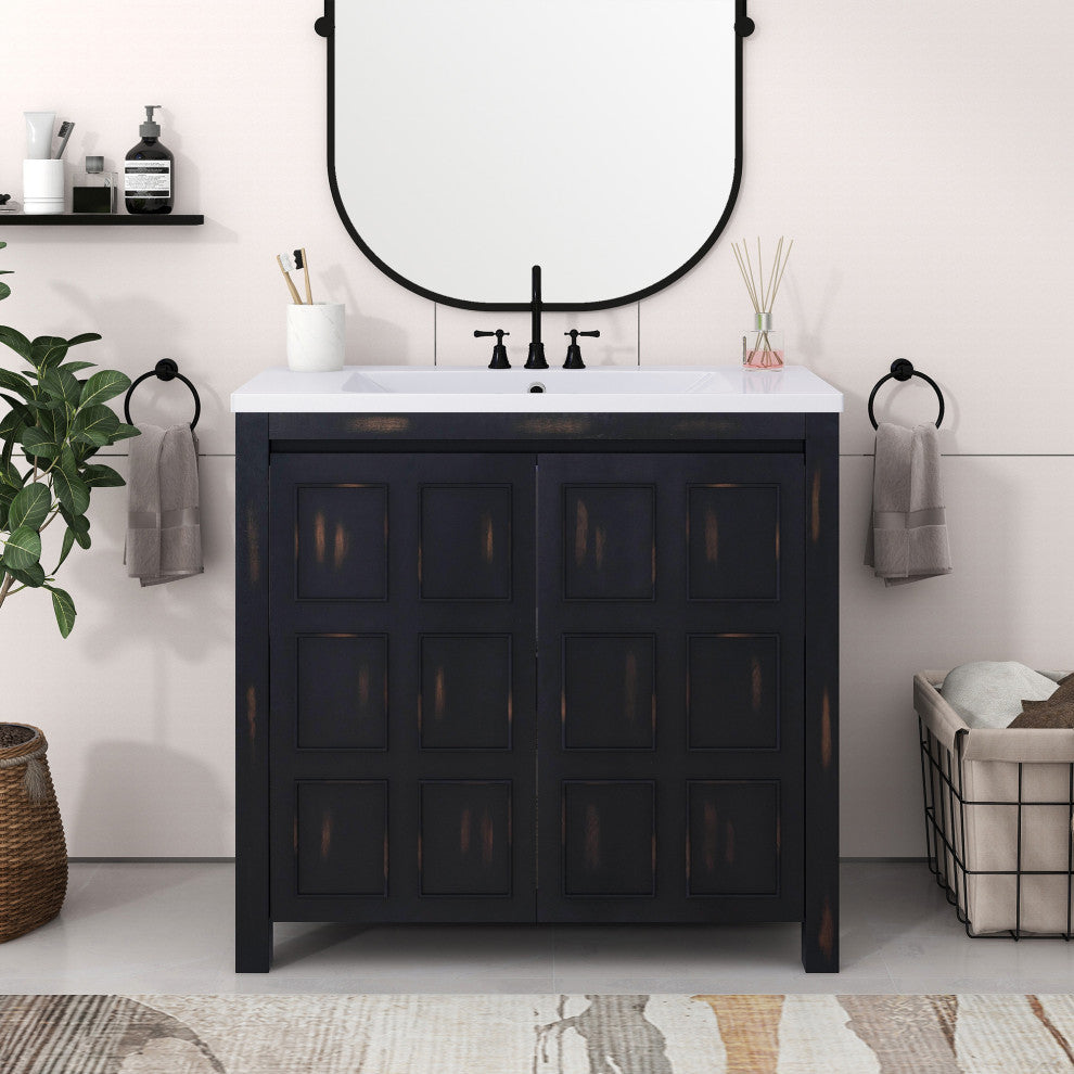 36 inch Freestanding Bath Vanity in Retro Espresso with White Resin Top
