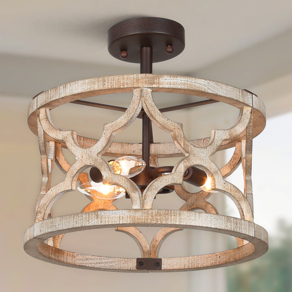 LNC 3-Light Distressed Wood/Bronze Farmhouse Drum Semi-Flush Mount Ceiling Light