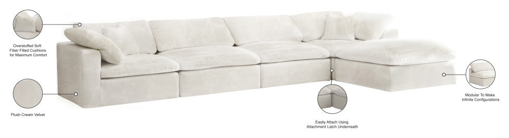 Cozy Velvet Upholstered Comfort L-Shaped Modular Sectional, Cream, 5-Piece: 2 Armless Chair, 2 Corner Chair, 1 Ottoman