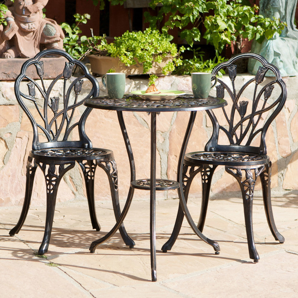 GDF Studio Nassau Outdoor Vintage Style Cast Aluminum Bistro Set with Tulips