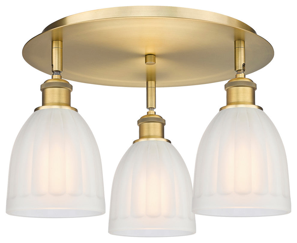 Brookfield-3 Light 18" Flush Mount-Brushed Brass, White Glass Shade