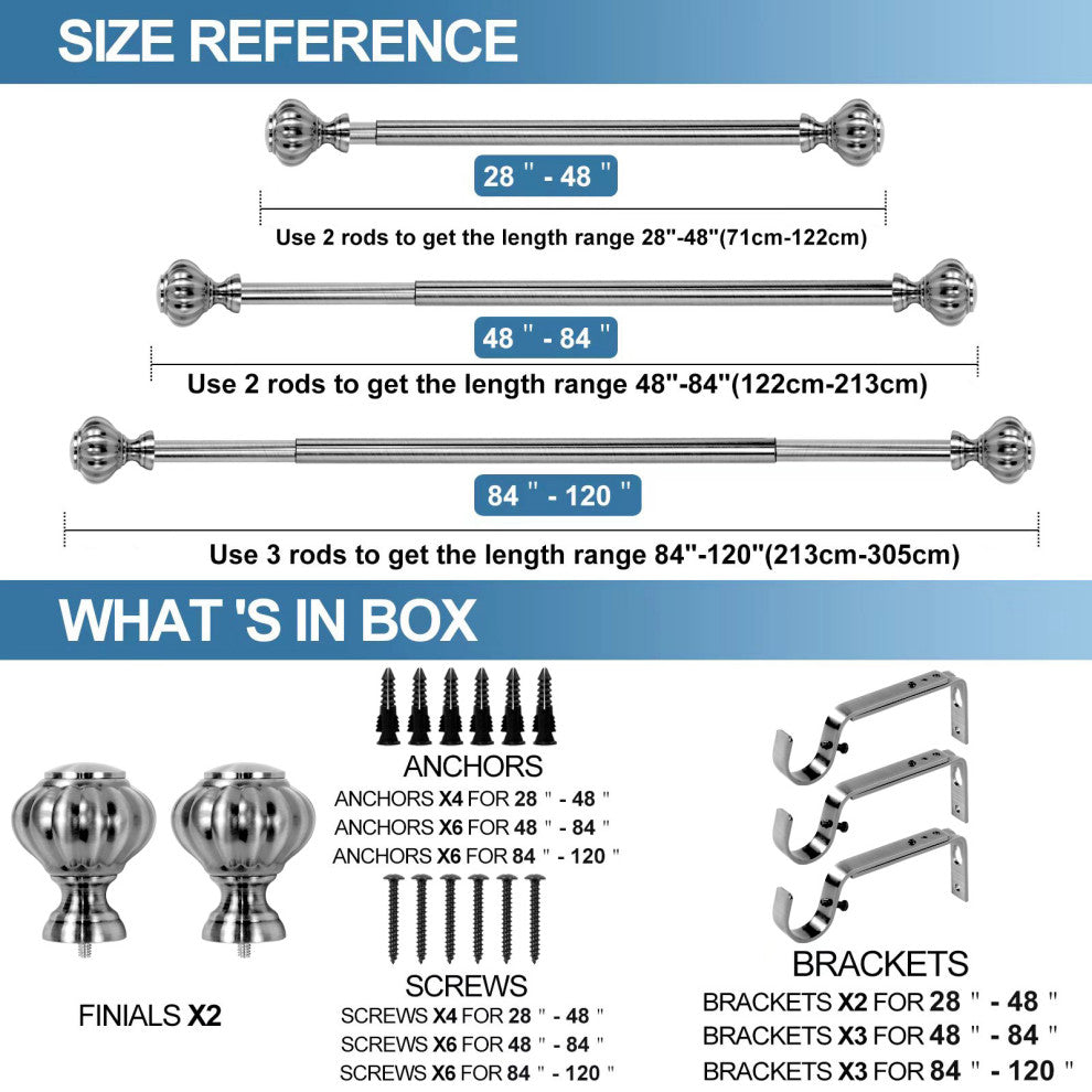 1" Doorknob Drapery Curtain Rod, Brushed Steel, 84"-120"