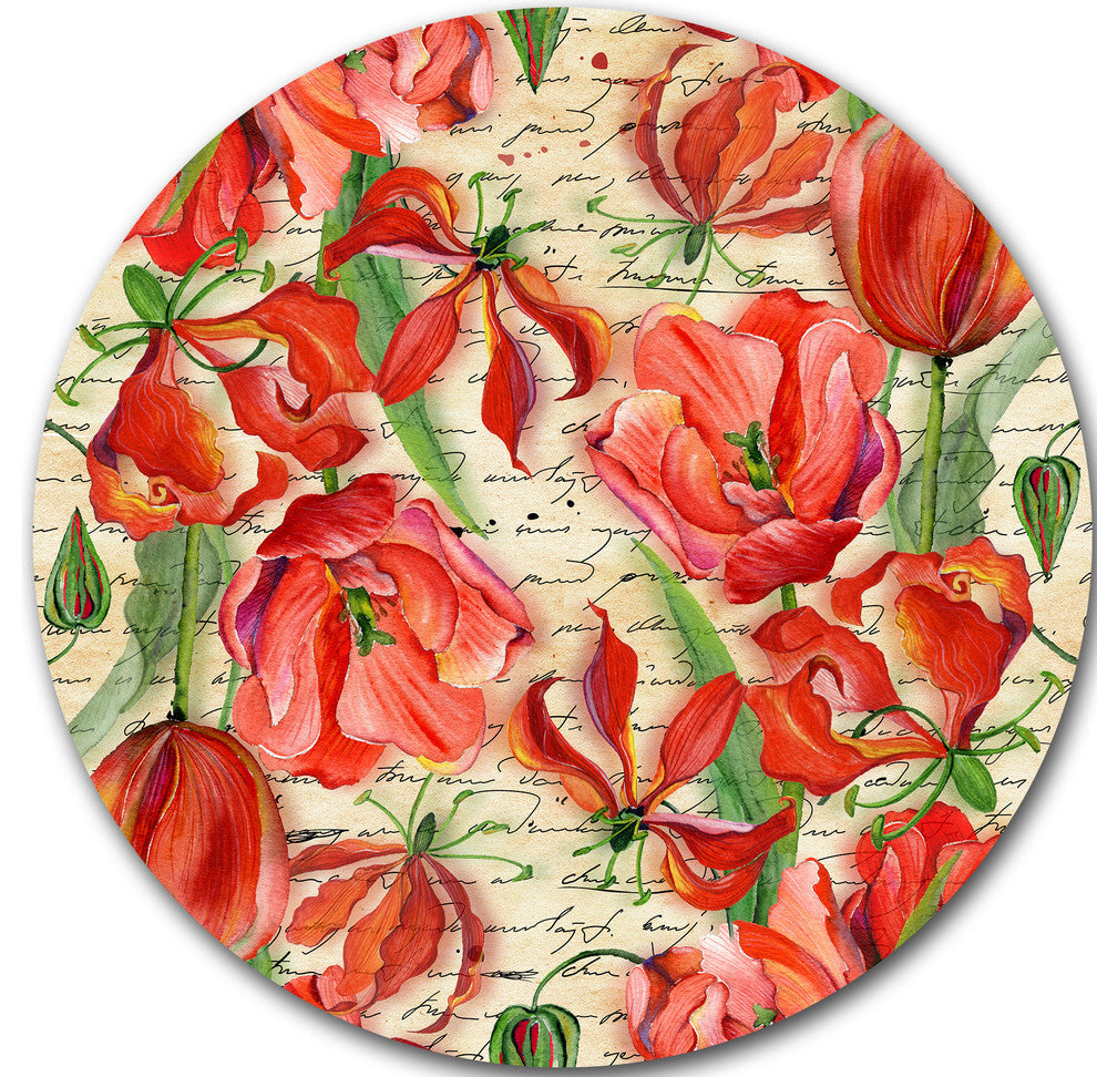 Seamless Red Flower Pattern, Floral Disc Metal Artwork, 11"