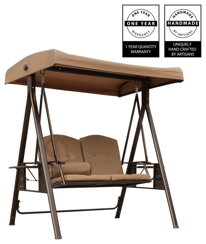 Outdoor Patio Porch Swing Chair With Adjustable Canopy and Pillow, Brown Beige