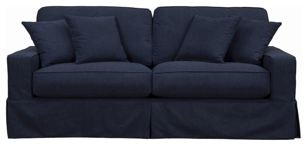Box Cushion Slip-Covered Sofa, Stain Resistant Performance Fabric, Navy Blue