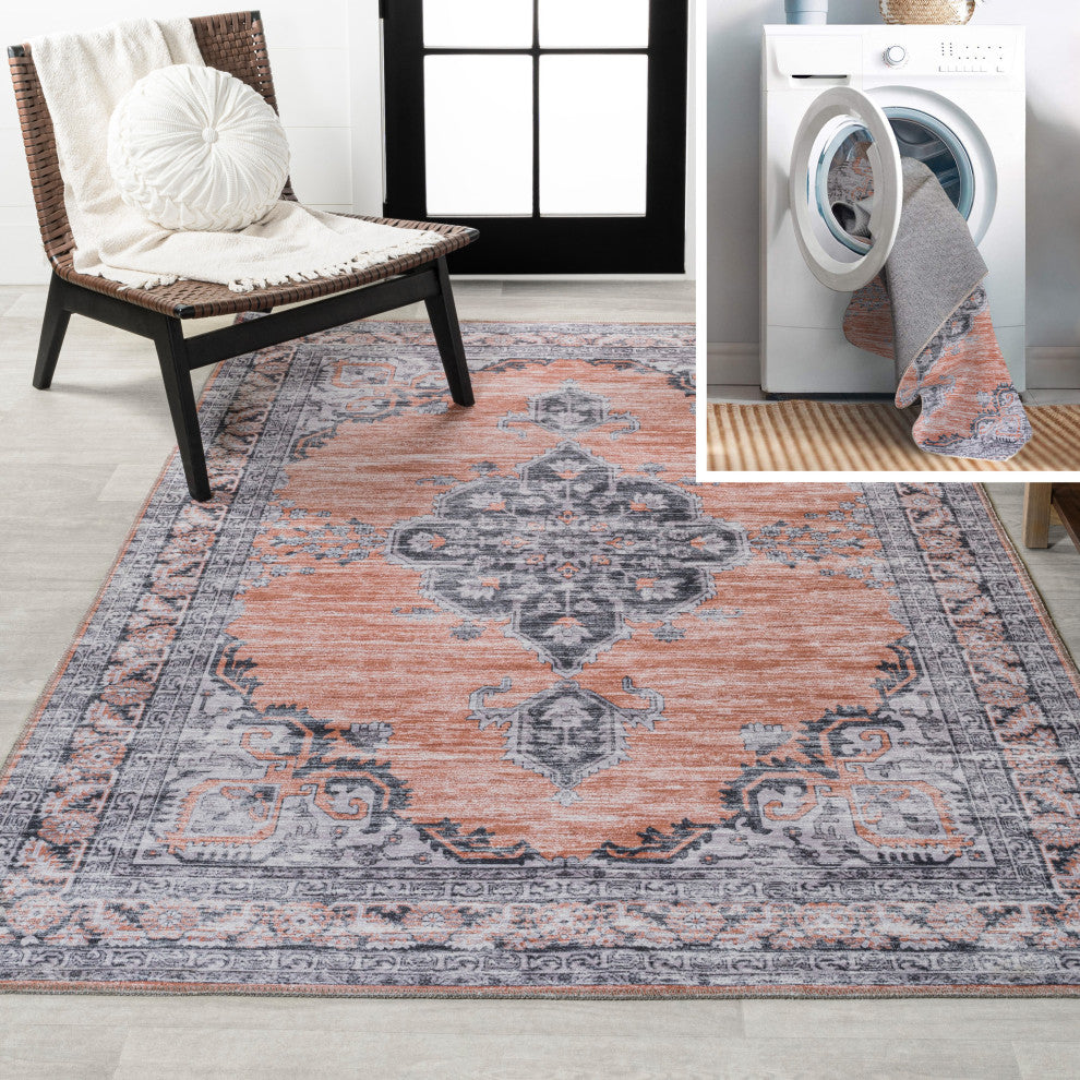 Wincer Chenille Cottage Medallion Washable Rug, Orange/Gray, 4 X 6