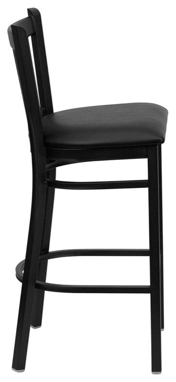 Black Vertical Back Metal Restaurant Barstool, Black Vinyl Seat