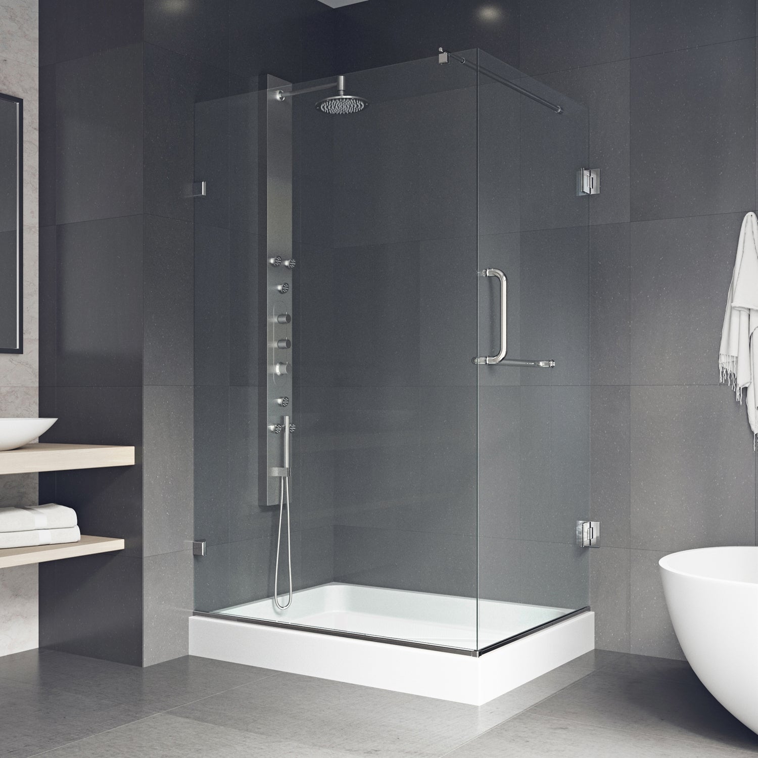VIGO Pacifica 48"D x 36"W x 79"H Frameless Hinged Shower Enclosure, Brushed Nickel, Left Base