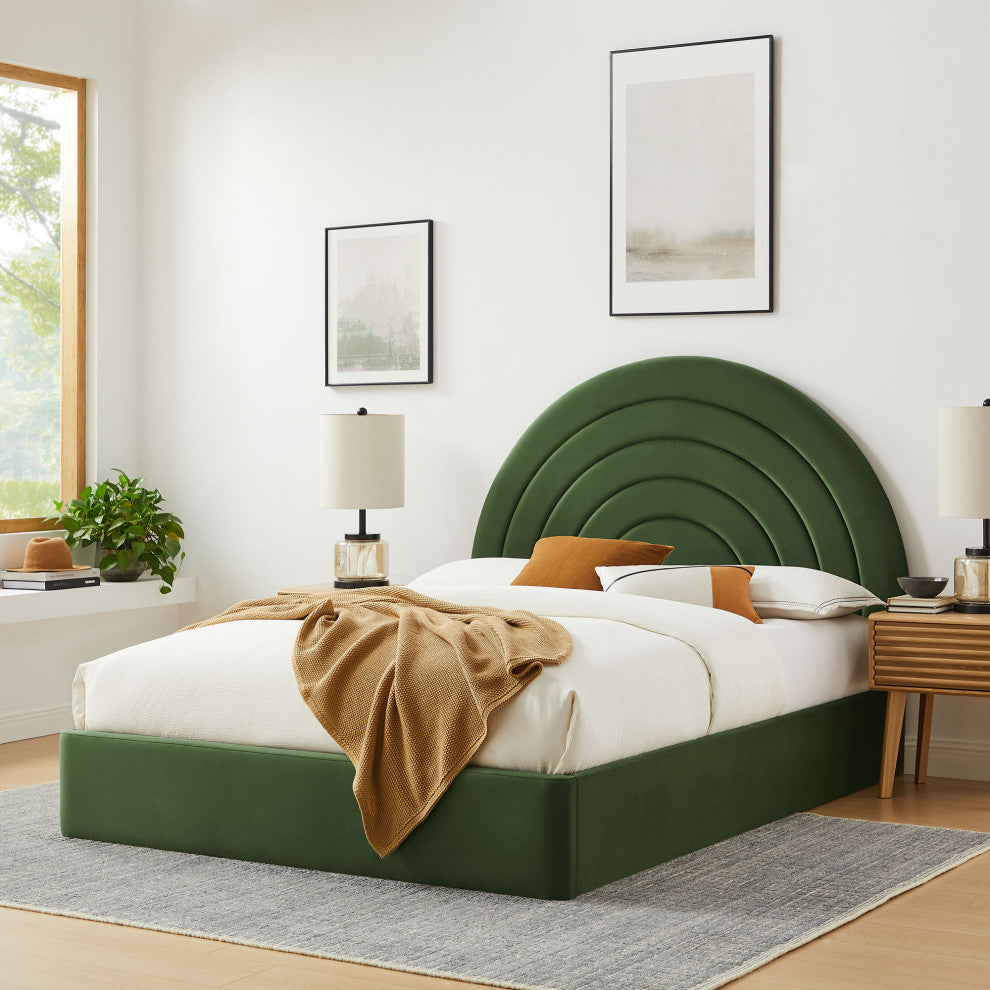 Solana Arched Performance Velvet King Platform Bed, Moss Green