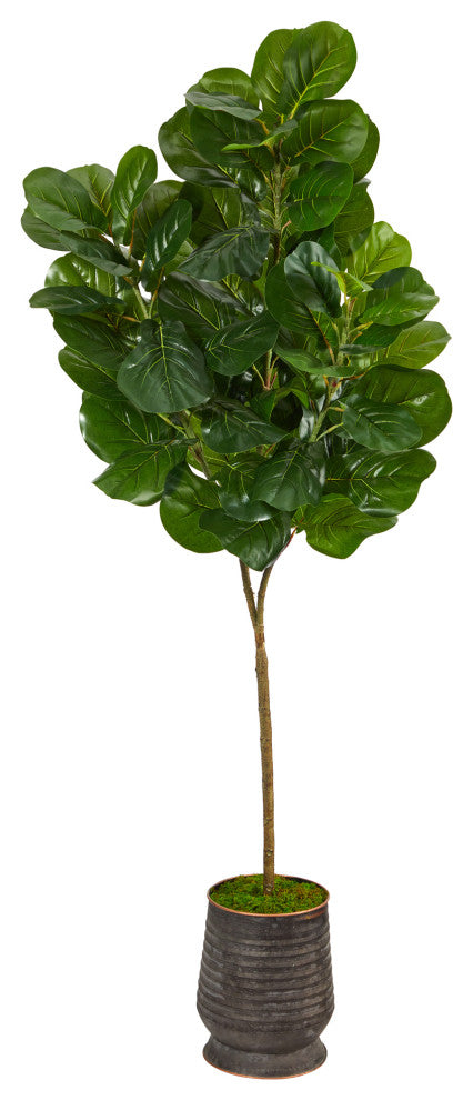 74" Fiddle leaf Fig Artificial Tree, Ribbed Metal Planter