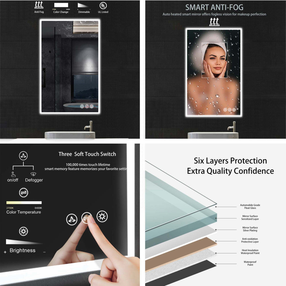 Fogless, Dimmable, Color Temperature Adjustable LED Mirror, 24x36