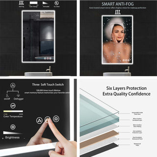 Fogless, Dimmable, Color Temperature Adjustable LED Mirror, 24x36