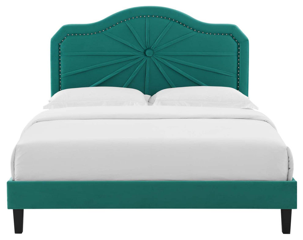 Platform Bed Frame, King Size, Velvet, Teal Blue, Modern Contemporary, Bedroom