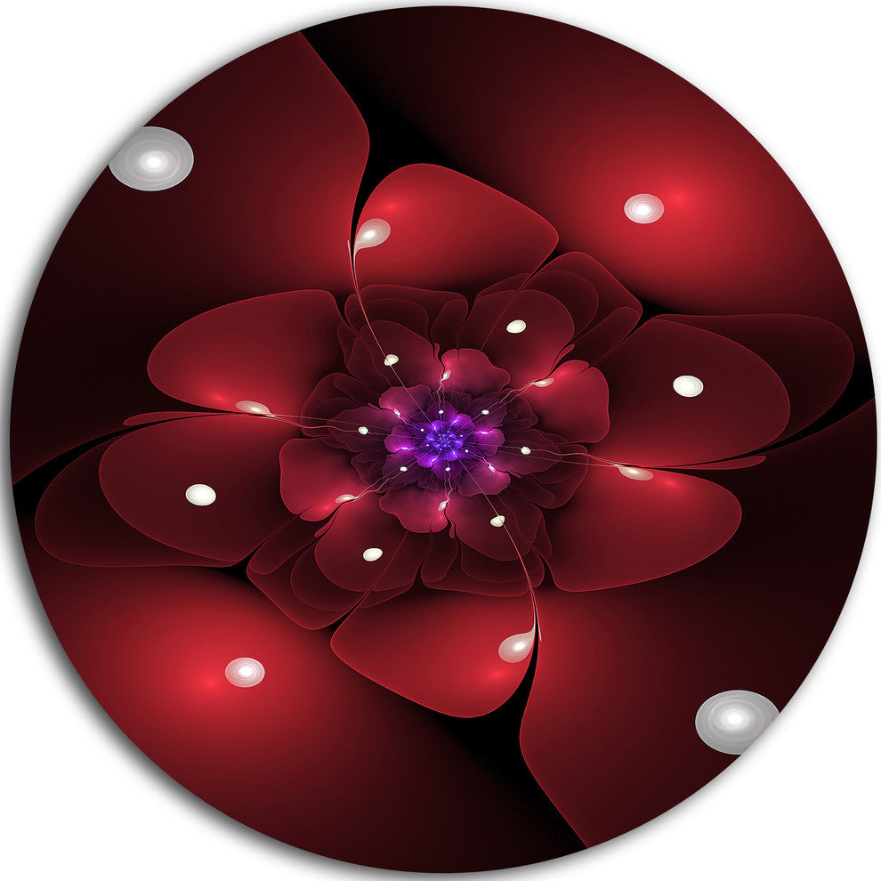 Red Fractal Flower With Illumination, Floral Round Metal Wall Art, 23"