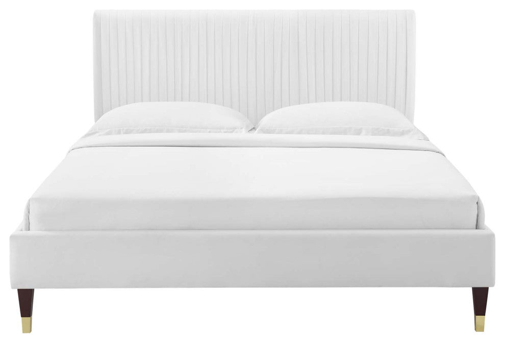Platform Bed Frame, Twin Size, Velvet, White, Modern Contemporary, Bedroom