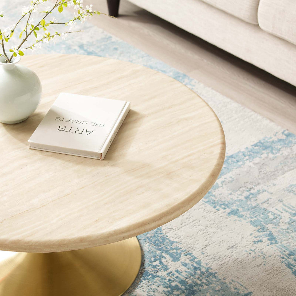Lippa 36" Round Artificial Travertine Coffee Table, Gold Travertine