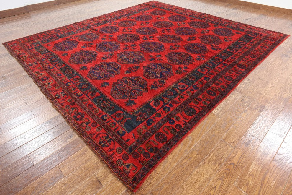 Red Afghan Bokhara Hand-Knotted Oriental Wool Rug, 11'x12'