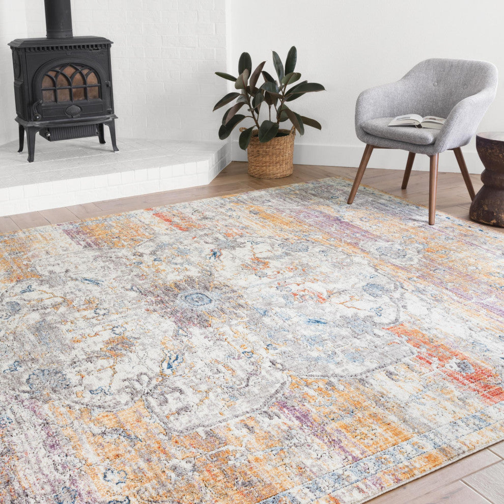Polyester Pile Dante DN-06 Area Rug by Loloi II, Natural/Sunrise, 5'3"x7'2"