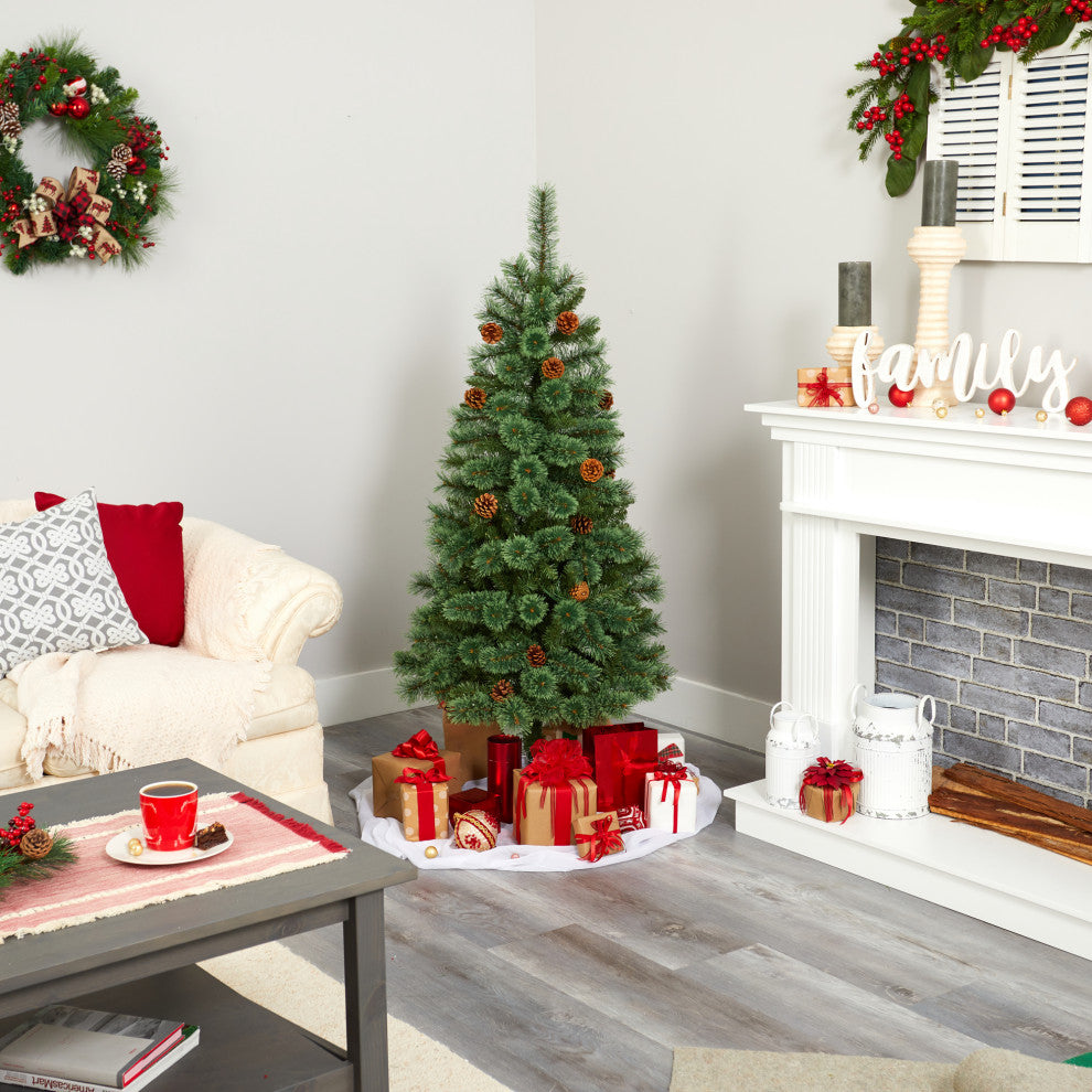 5' White Mountain Pine Faux Xmas Tree With 200 Clear LED Lights and Pine Cones