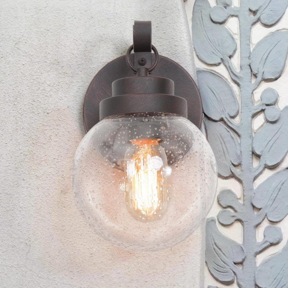 LNC 1-Light Seeded Glass Globe Outdoor Wall Light, Rusty Finish