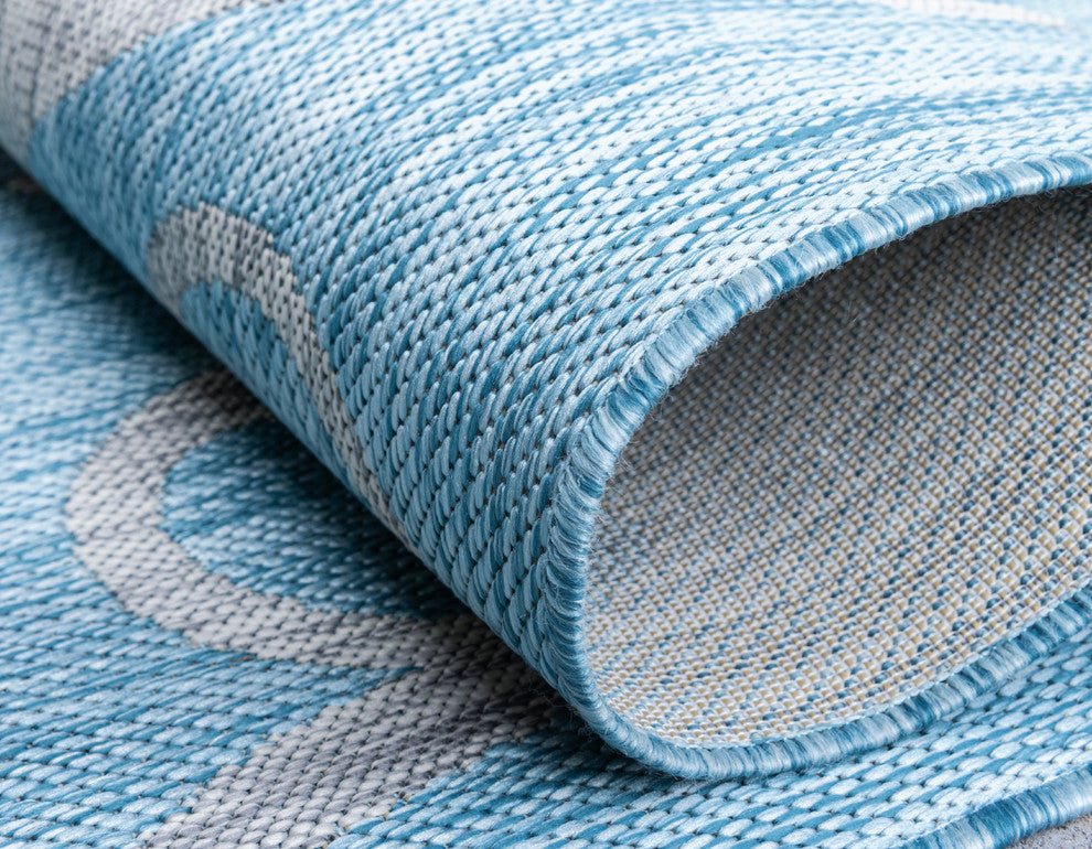 Unique Loom Aqua Blue Curl Outdoor Rug, Aqua Blue, Gray, 4'' X 4''